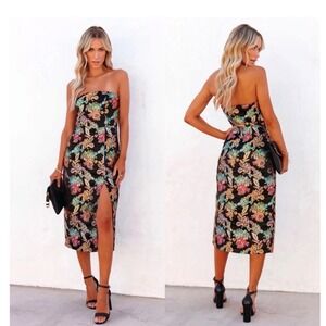OLIA CLOTHING Ganni Jacquard Strapless Midi Dress Black Multi Large‎
